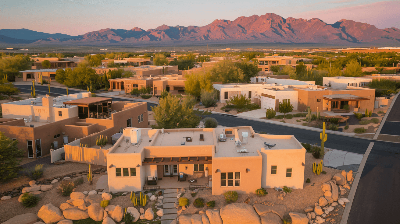 Aerial view of an Albuquerque residential neighborhood at golden hour with the Sandia Mountains glowing pink in the background and adobe-style homes surrounded by high desert landscaping