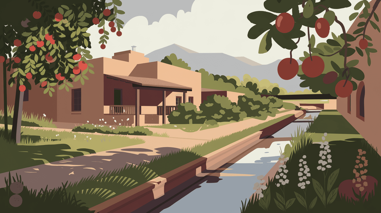 A lush green acequia irrigation ditch running alongside a traditional adobe home in Albuquerque's North Valley, with fruit trees and desert wildflowers along the bank, Sandia Mountains softly visible in the distance
