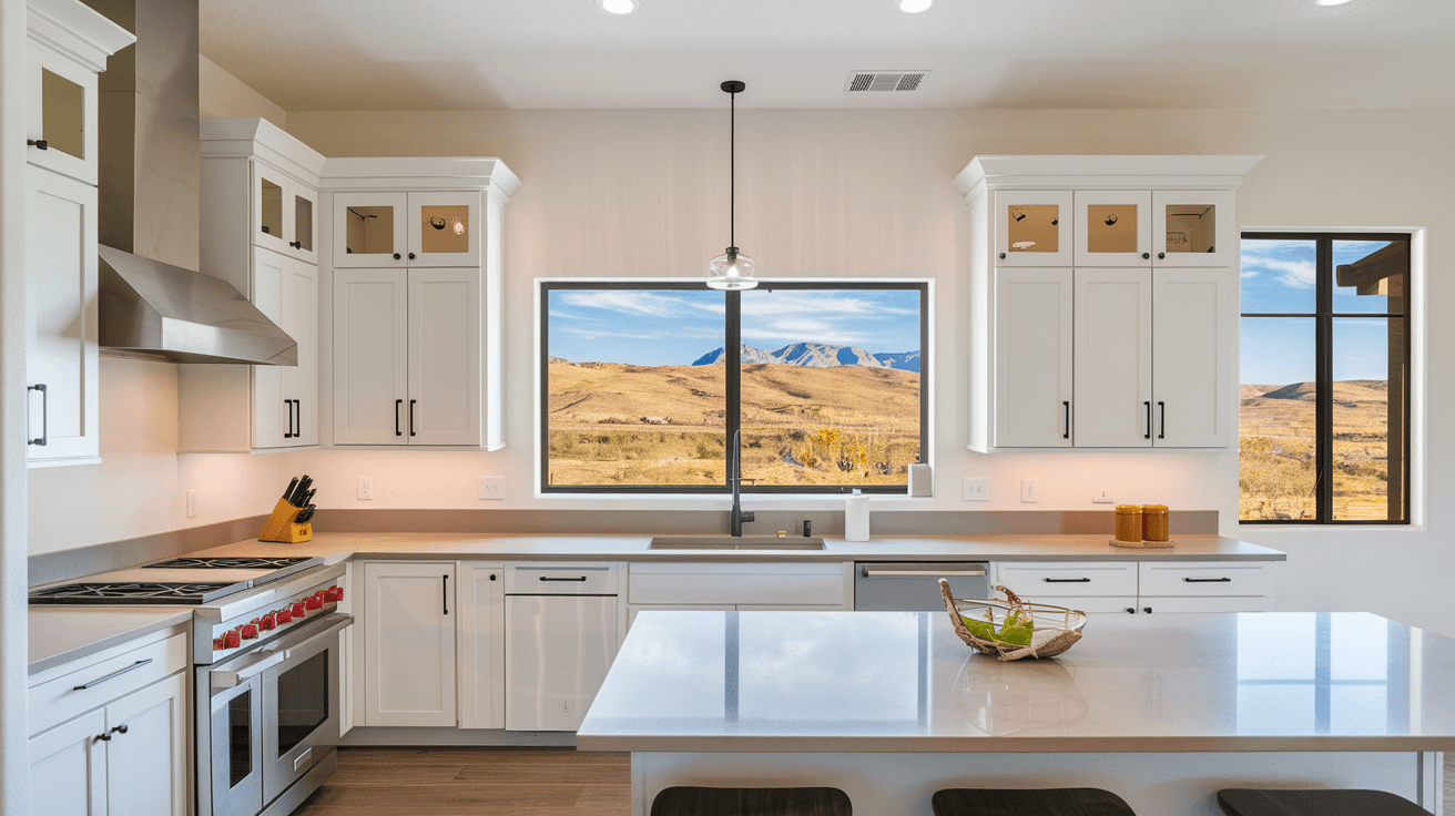 A bright, modern kitchen inside a newer Rio Rancho home with white cabinets, quartz countertops, and a window view toward the mesa landscape