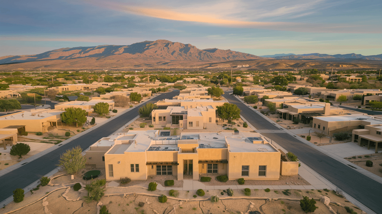 Aerial view of a Rio Rancho residential neighborhood on the mesa with the Sandia Mountains visible in the background under a wide New Mexico sky
