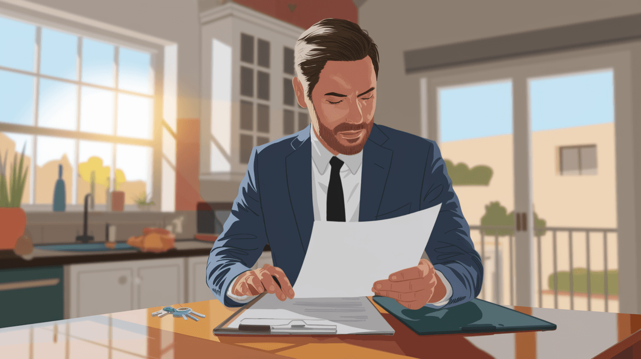 A self-employed business owner reviewing loan documents at a kitchen table in a bright Albuquerque home, with desert light coming through the window and a set of house keys on the table nearby