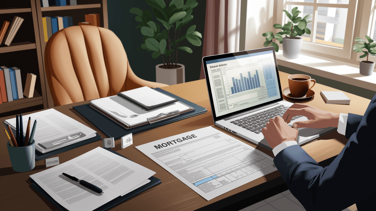 A neatly organized desk with tax documents, a laptop showing financial spreadsheets, and a cup of coffee, representing a self-employed business owner preparing mortgage paperwork in a warm home office setting