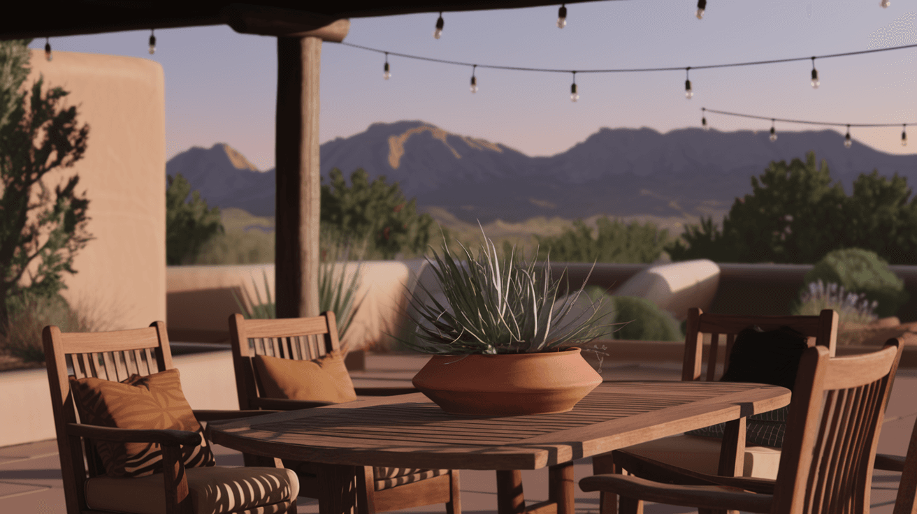 A well-staged outdoor patio of an Albuquerque home with Southwestern-style furniture, terracotta pots with desert plants, and a clear view of the Sandia Mountains at dusk
