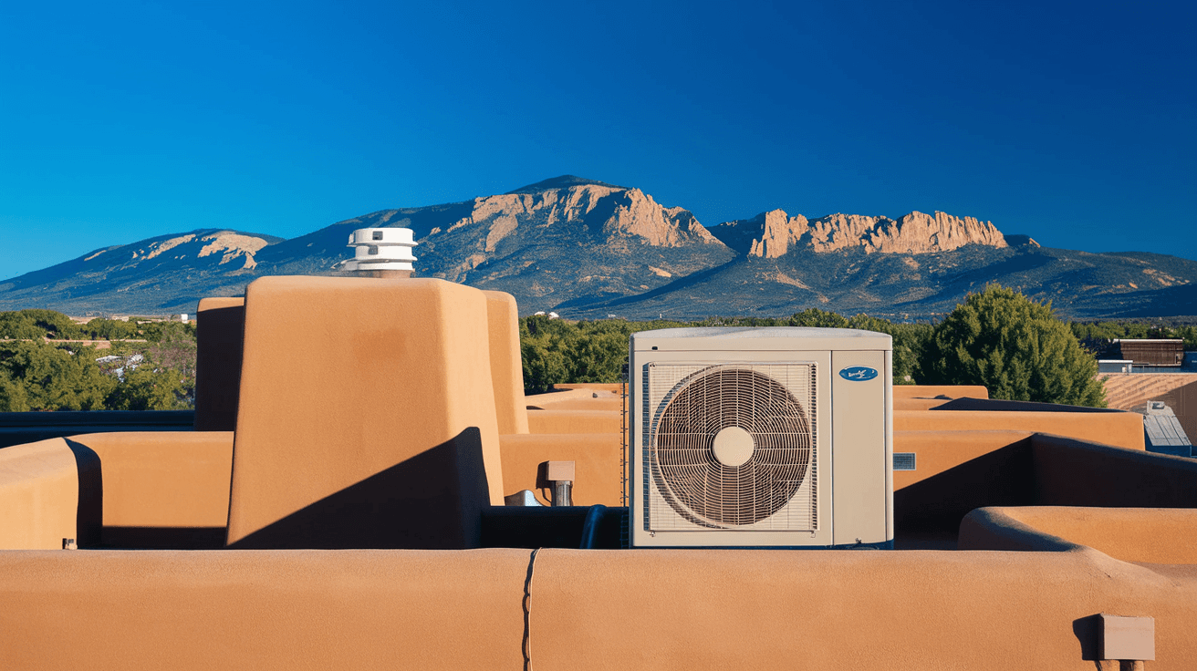 A well-maintained rooftop evaporative cooler on a classic Albuquerque adobe home, with the Sandia Mountains visible in the background under a deep blue summer sky