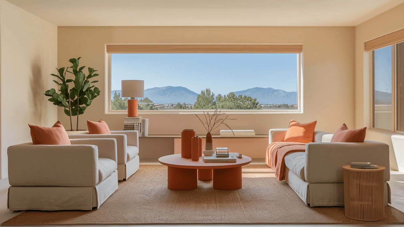 A bright, airy Albuquerque living room staged with natural linen furniture, terracotta accents, and a large window framing a view of the Sandia Mountains on a clear July morning