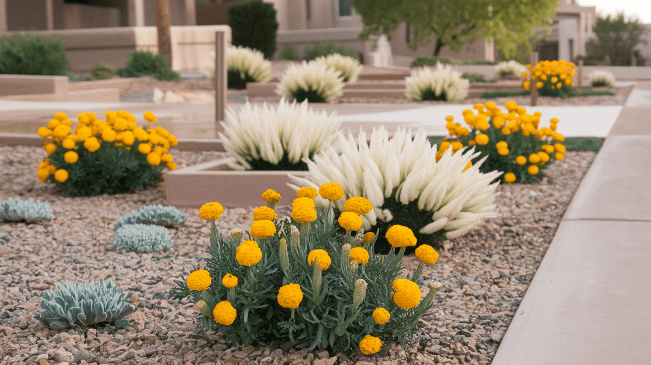 A beautifully installed xeriscape front yard in an Albuquerque neighborhood, with blooming desert marigold, decomposed granite paths, and a drip-irrigated planting bed after a summer monsoon rain