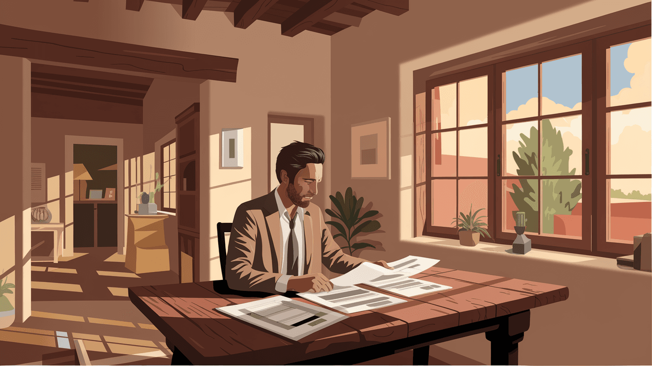 A real estate agent reviewing printed comparable home sales data at a kitchen table inside a well-lit Albuquerque adobe home, warm afternoon light coming through a wood-framed window