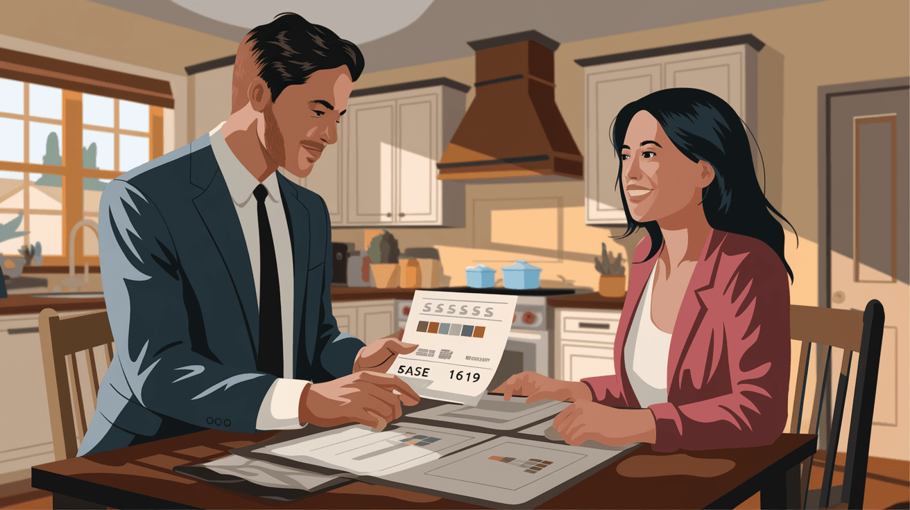 A professional real estate agent reviewing a comparative market analysis with a homeowner at a kitchen table, printed neighborhood sold data visible, warm natural light filling the room