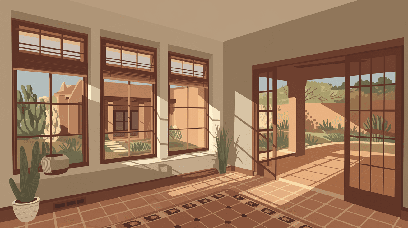 A well-staged Albuquerque home interior with warm afternoon light coming through wood-framed windows, Saltillo tile floors, and a view to a landscaped backyard with a portal and desert plantings