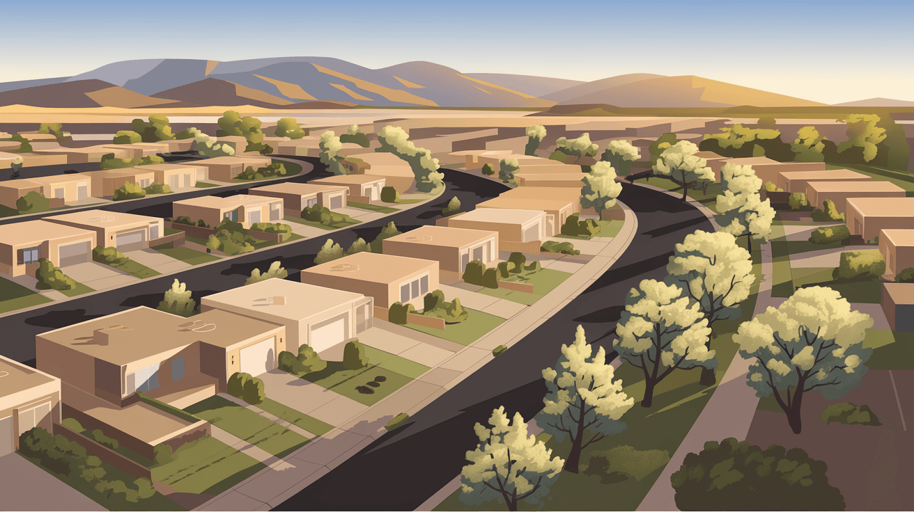 Aerial view of an Albuquerque residential neighborhood in spring, with the Sandia Mountains visible in the background and cottonwood trees beginning to leaf out along nearby arroyos