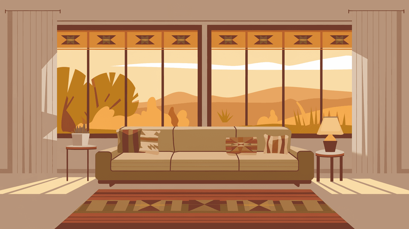 A well-staged Albuquerque living room with warm afternoon light coming through large windows, Southwestern textiles on a neutral sofa, and a view of the Sandia Mountains through the glass