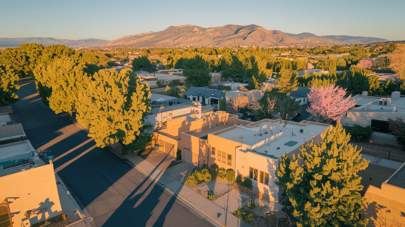 Aerial view of an Albuquerque neighborhood in spring with the Sandia Mountains in the background, green cottonwood trees lining streets, and adobe-style homes casting long morning shadows