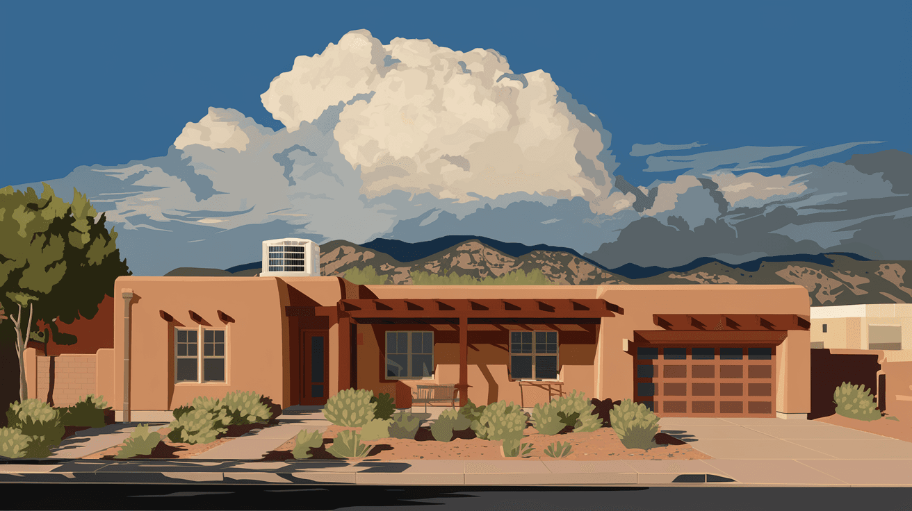 A residential home in Albuquerque's Northeast Heights neighborhood photographed in summer, showing a traditional adobe-style exterior with a rooftop evaporative cooler visible, Sandia Mountains in the background under a dramatic monsoon sky with building cumulus clouds
