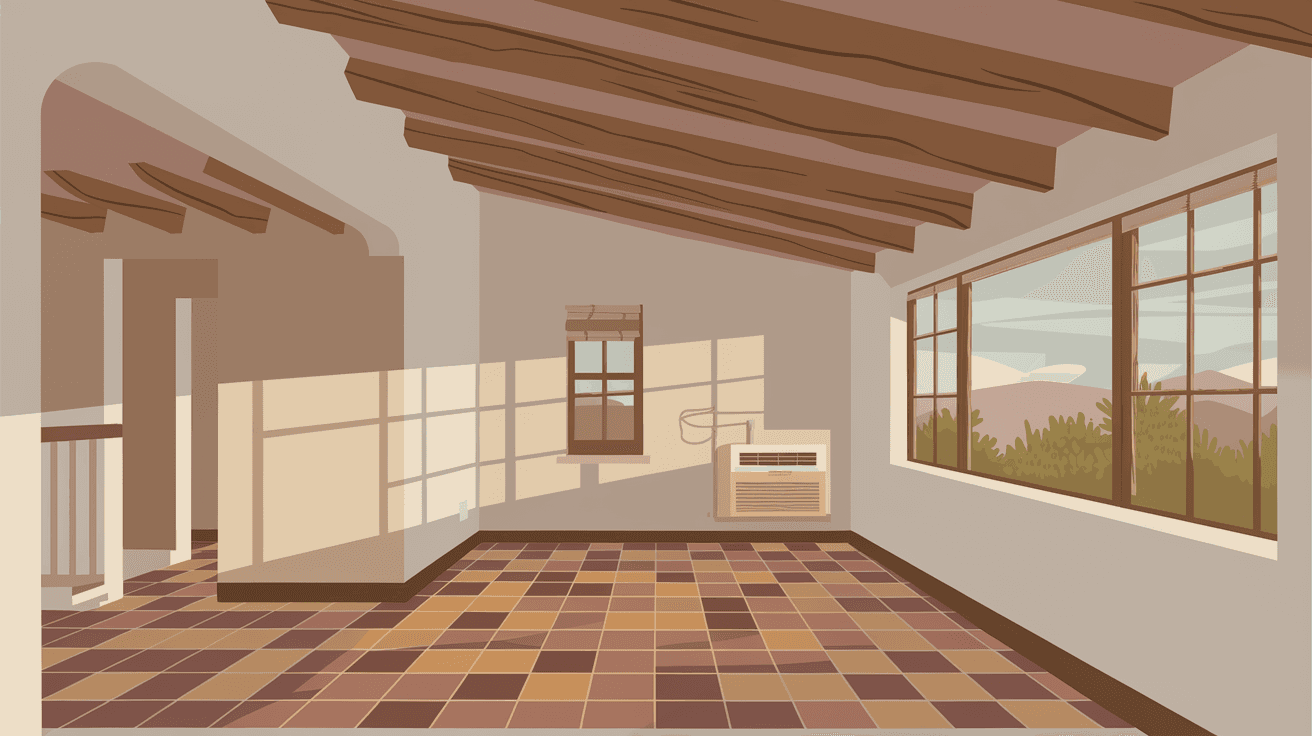 A clean, modern interior of an Albuquerque home showing a wall-mounted mini-split air conditioning unit in a bright living room with Saltillo tile floors, exposed vigas, and warm afternoon light coming through a window