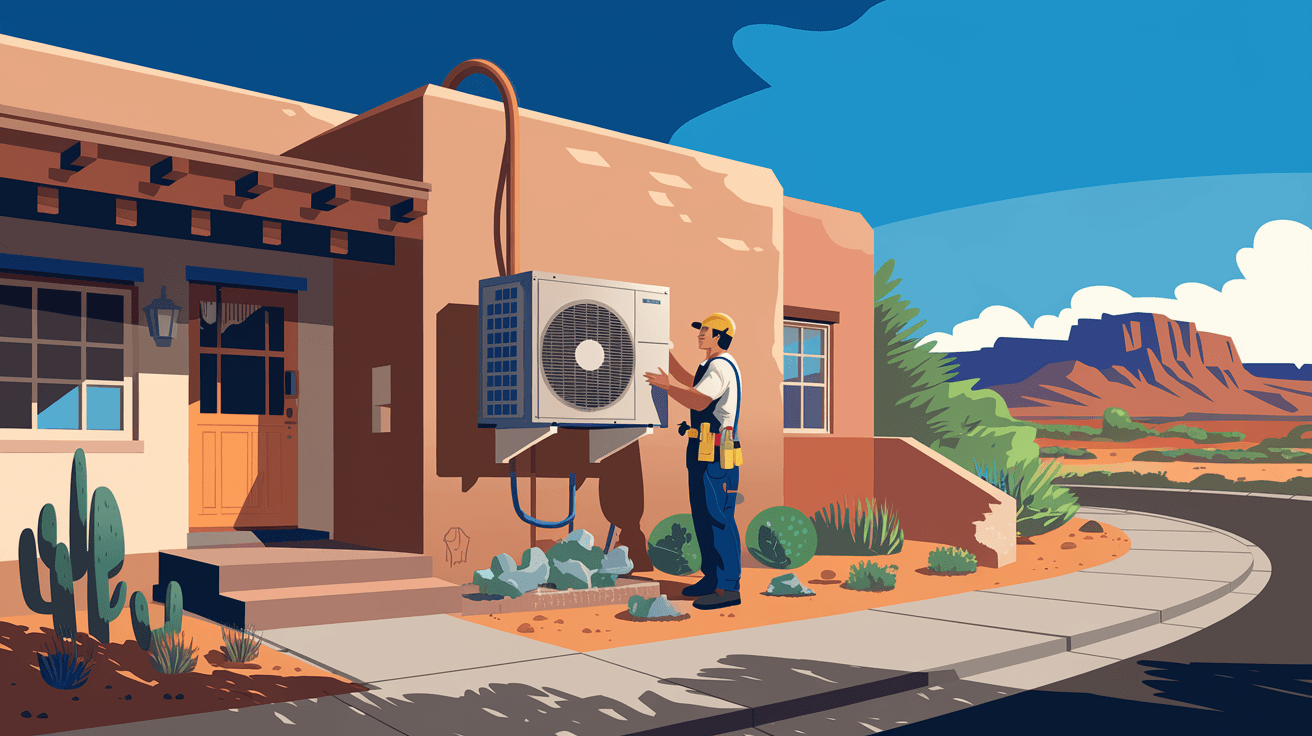 A licensed HVAC technician installing a new refrigerated air conditioning condenser unit on the side of an Albuquerque adobe home, with desert landscaping and a clear blue high-desert sky in the background