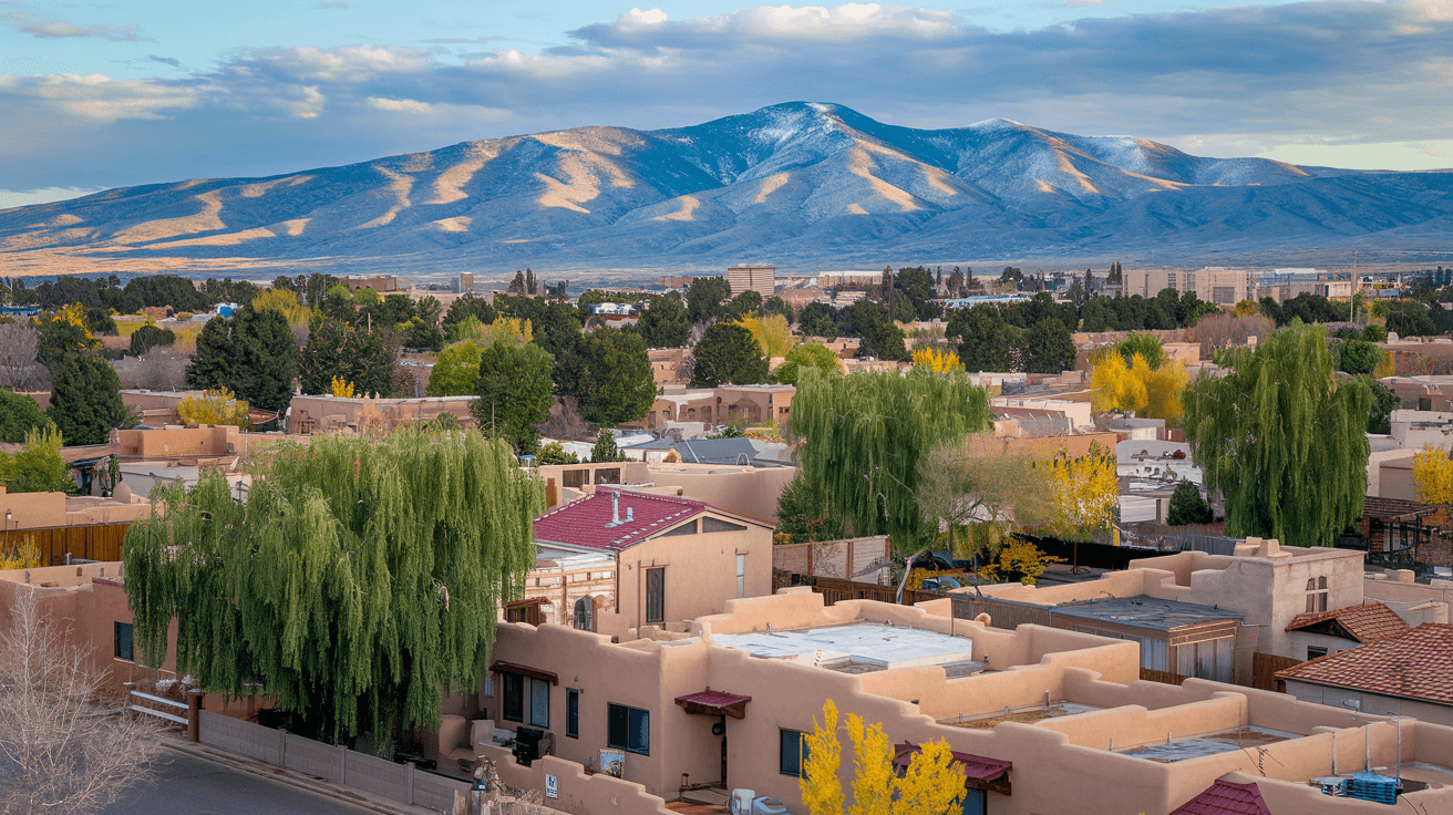 Aerial view of an Albuquerque residential neighborhood near Old Town with adobe-style homes, mature cottonwood trees, and the Sandia Mountains visible in the background under a bright blue New Mexico sky