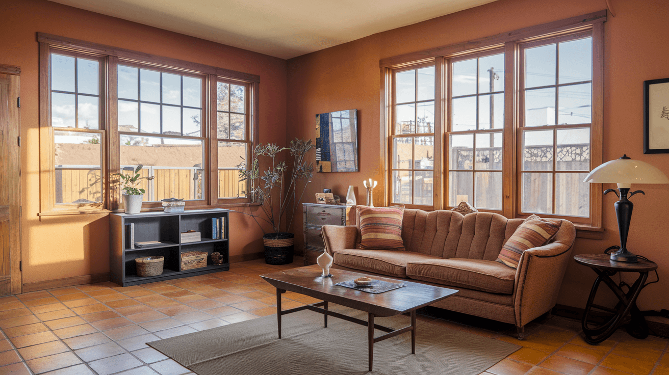 A beautifully staged mid-century adobe bungalow living room in Nob Hill, Albuquerque, with warm terracotta walls, Saltillo tile floors, and afternoon light streaming through wooden-framed windows