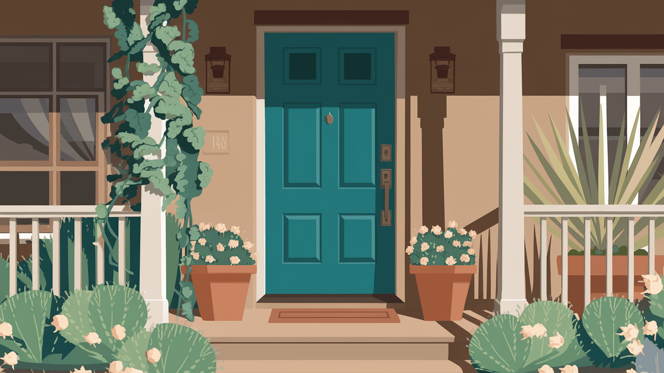 A close-up of a freshly painted deep turquoise front door on an Albuquerque stucco home, with new brushed bronze hardware, flanked by terracotta pots with blooming desert plants