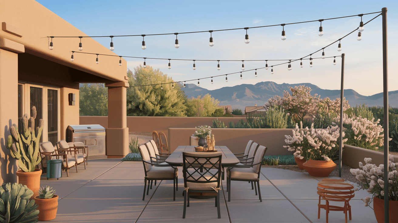 A well-staged Albuquerque home back patio with a set outdoor dining table, string lights overhead, terracotta pots with blooming desert plants, and a clear view toward the Sandia Mountains in the soft afternoon light