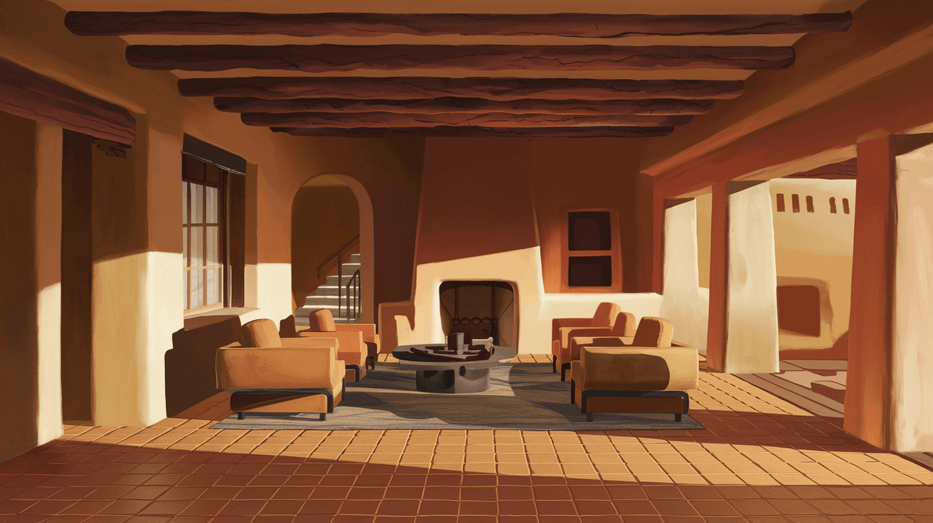 A sunlit Albuquerque pueblo-style living room with exposed vigas, warm terracotta tile floors, a kiva fireplace, and simple earth-toned staging furniture arranged to highlight the architectural details