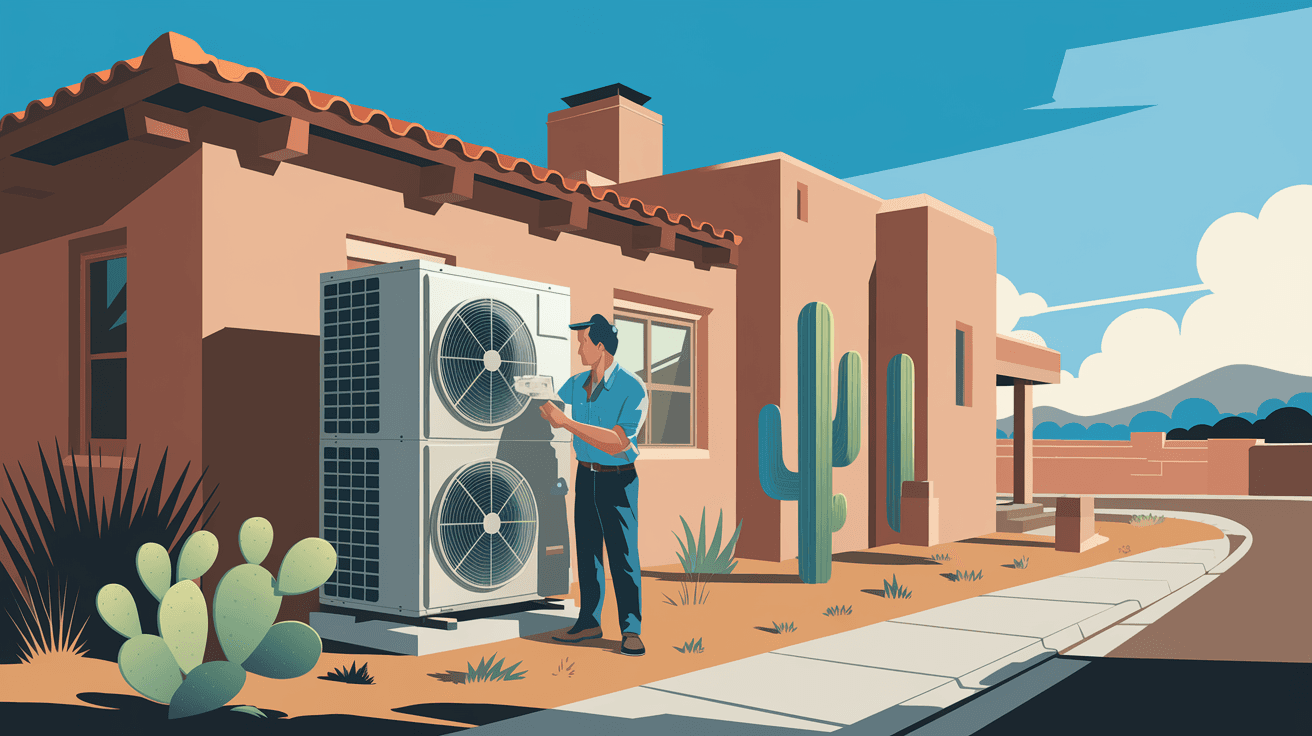 A professional home inspector examining a residential HVAC unit in the side yard of an Albuquerque adobe home, with desert landscaping and a clear blue New Mexico sky in the background