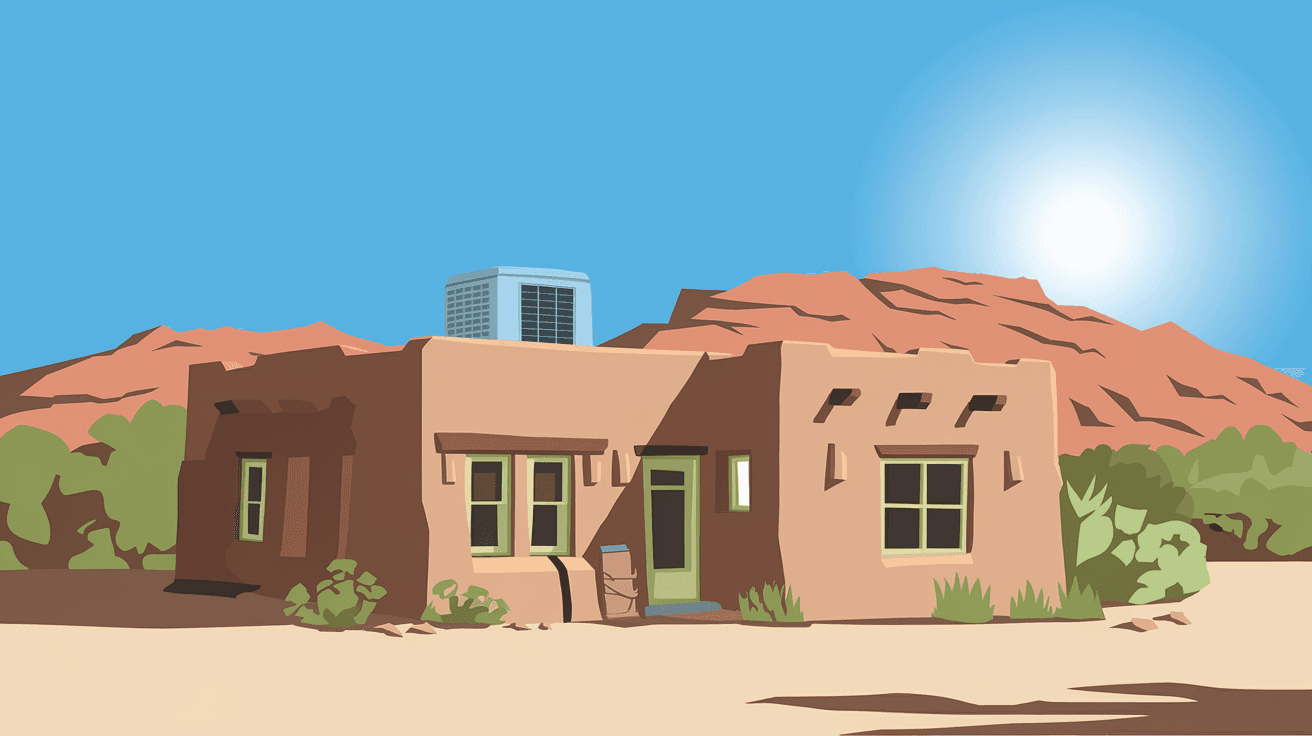 A rooftop evaporative swamp cooler mounted on a flat adobe-style home in Albuquerque, New Mexico, with the Sandia Mountains visible in the background under a bright blue desert sky
