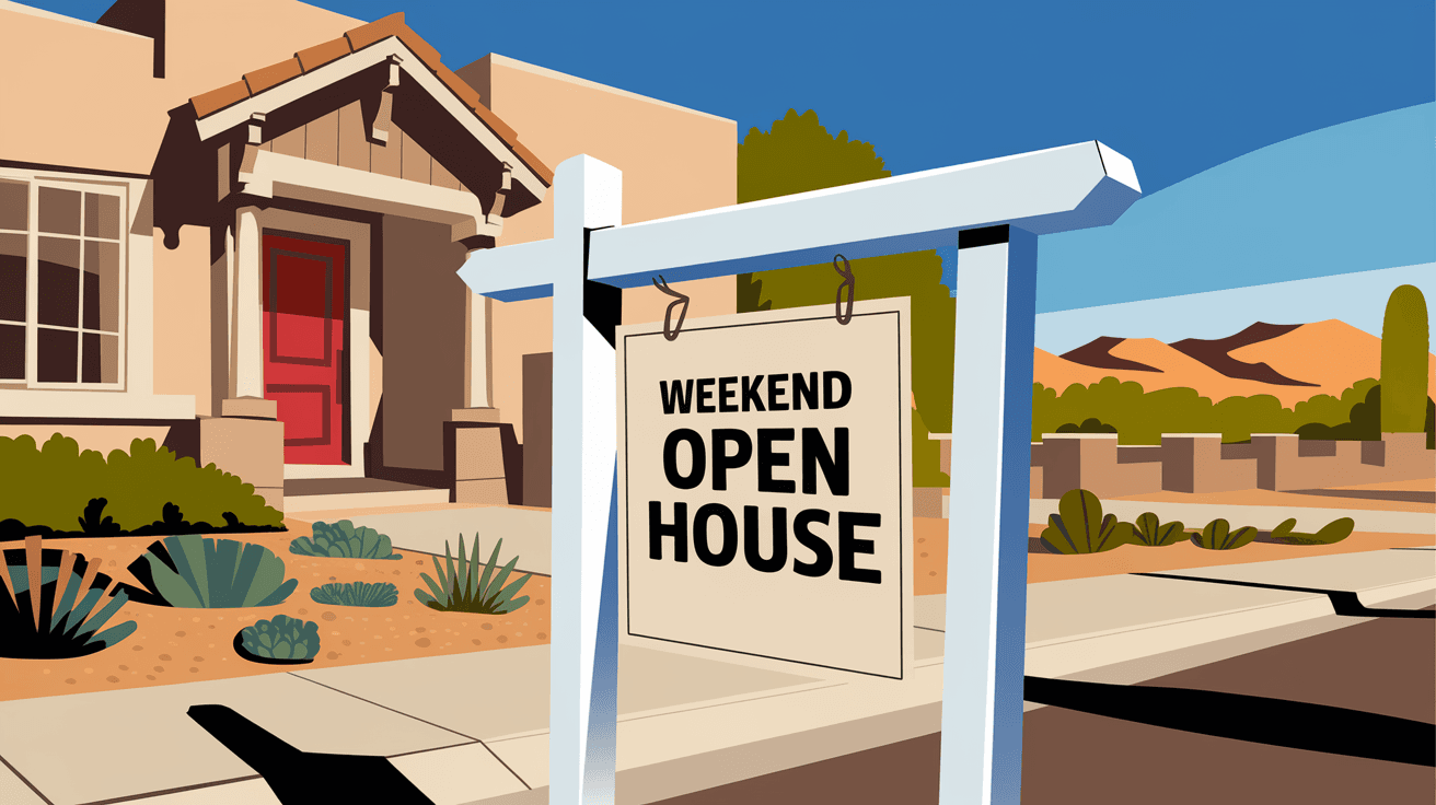 A weekend open house sign in front of a well-maintained stucco home in Albuquerque with desert landscaping, a clear blue sky, and the Sandia Mountains in the background