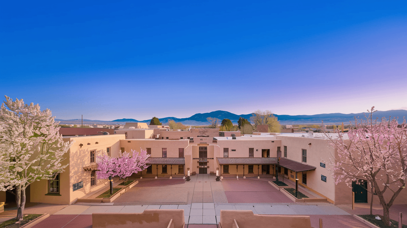 A wide view of a historic Old Town Albuquerque plaza in early spring, with adobe buildings surrounding a central courtyard, flowering trees beginning to bloom, and the Sandia Mountains visible in the distance under a deep blue New Mexico sky