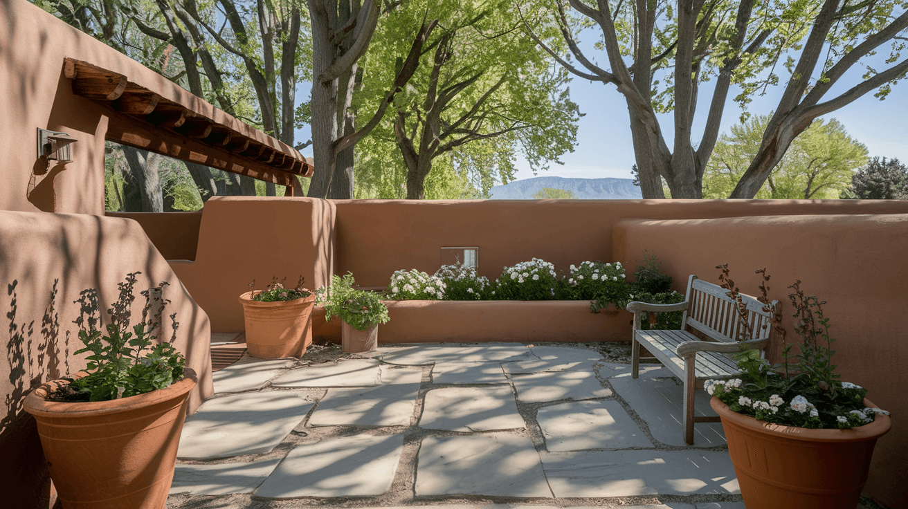 A sun-drenched backyard patio in an Albuquerque North Valley adobe home, with mature cottonwood trees casting shade over a flagstone courtyard, terracotta pots with blooming flowers, and the Sandia Mountains faintly visible beyond the adobe wall