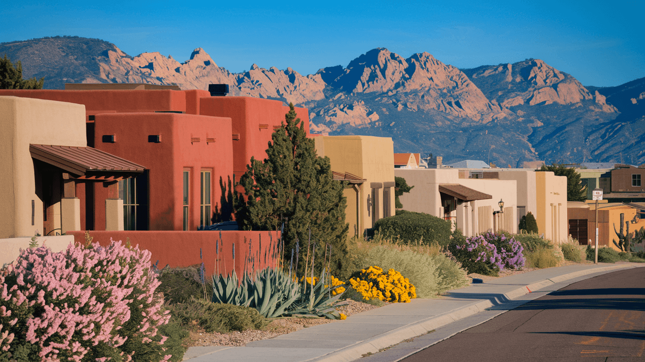 A well-maintained Albuquerque neighborhood street in the Northeast Heights with adobe-style homes, blooming desert flowers along the sidewalk, and the Sandia Mountains rising dramatically in the background under a clear blue May sky