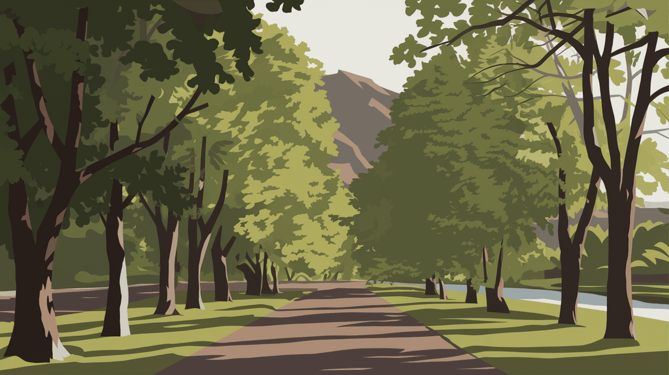 A golden-hour view of the Paseo del Bosque Trail along the Rio Grande in Albuquerque, with cottonwood trees in full leaf casting dappled light across the paved path, the Sandia Mountains visible in the background