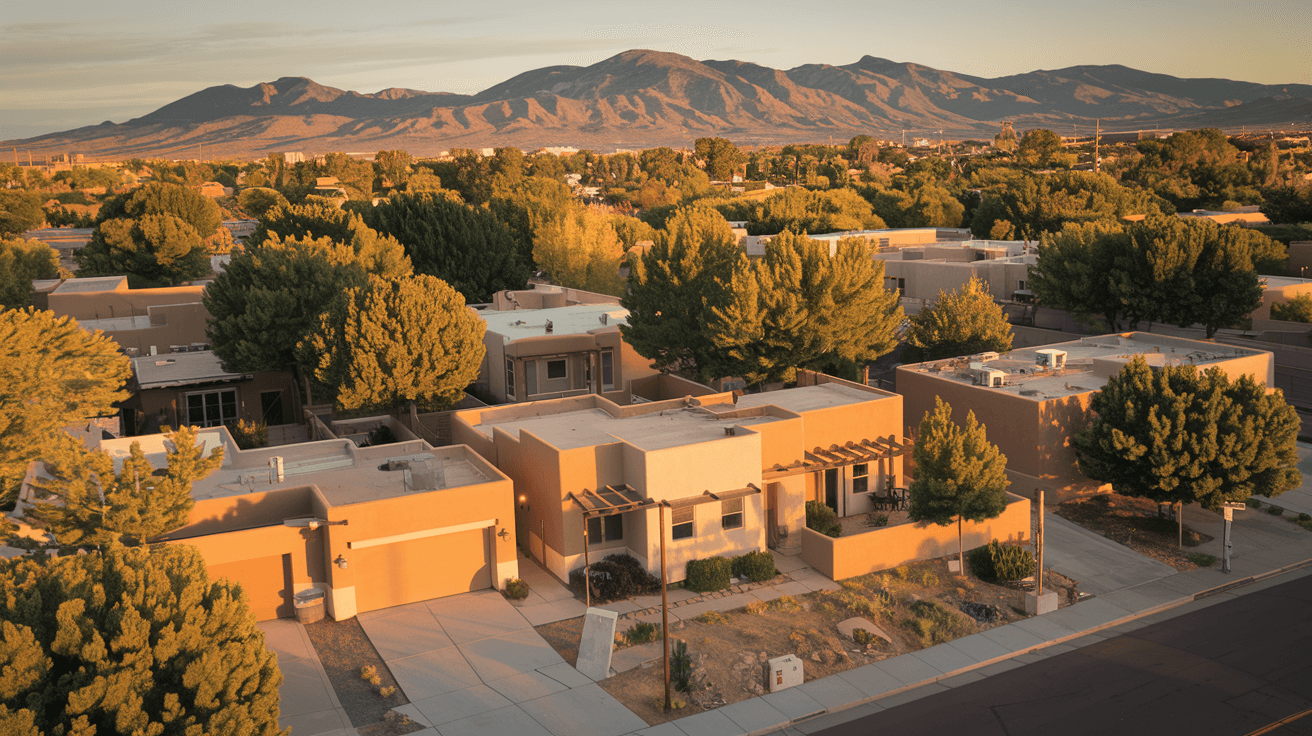 Aerial view of a well-kept adobe-style neighborhood in Albuquerque with the Sandia Mountains rising in the background under a golden late-afternoon sky