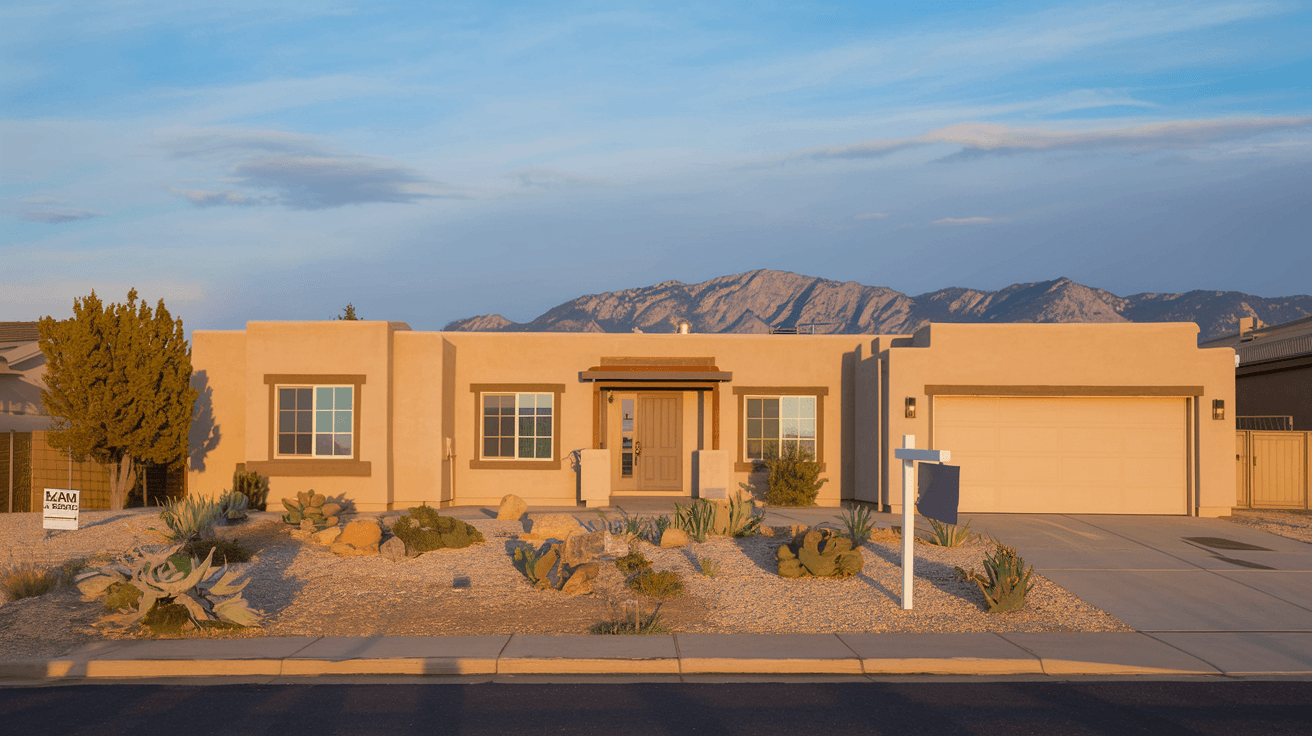 A recently sold single-story stucco home in a southeast Albuquerque neighborhood with a For Sale sign in the yard, Sandia Mountains visible in the distance