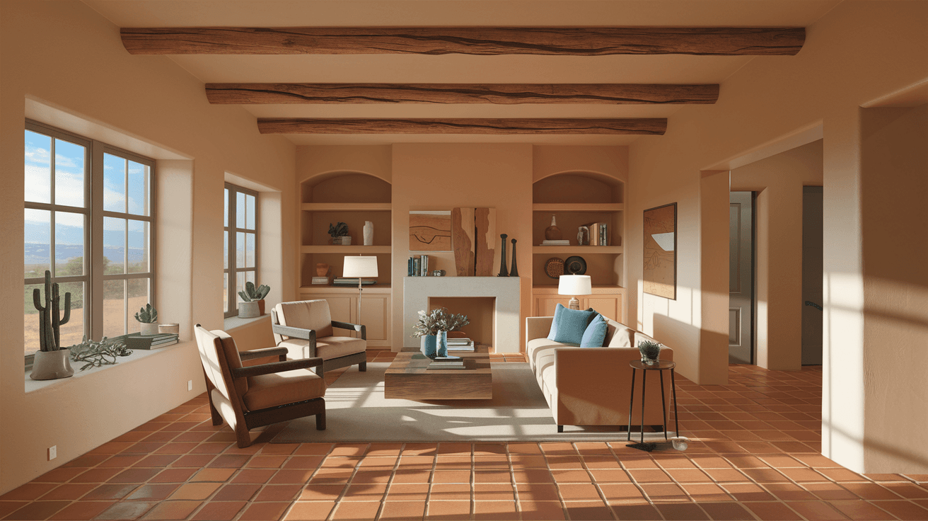 A bright, move-in-ready living room interior of an Albuquerque home with Southwestern design elements, terracotta tile floors, and natural light streaming through large windows