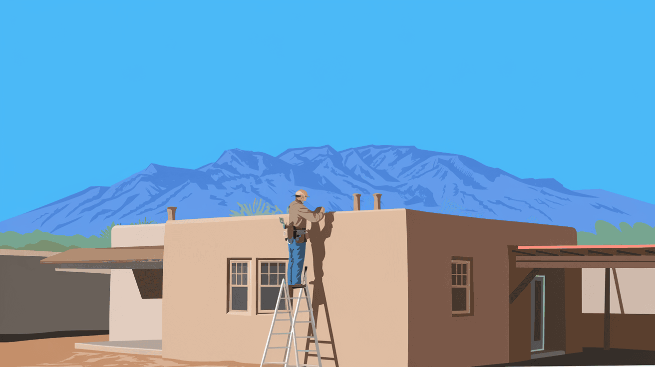 An Albuquerque home inspector examining a flat adobe-style roof with the Sandia Mountains visible in the distance on a clear blue-sky day