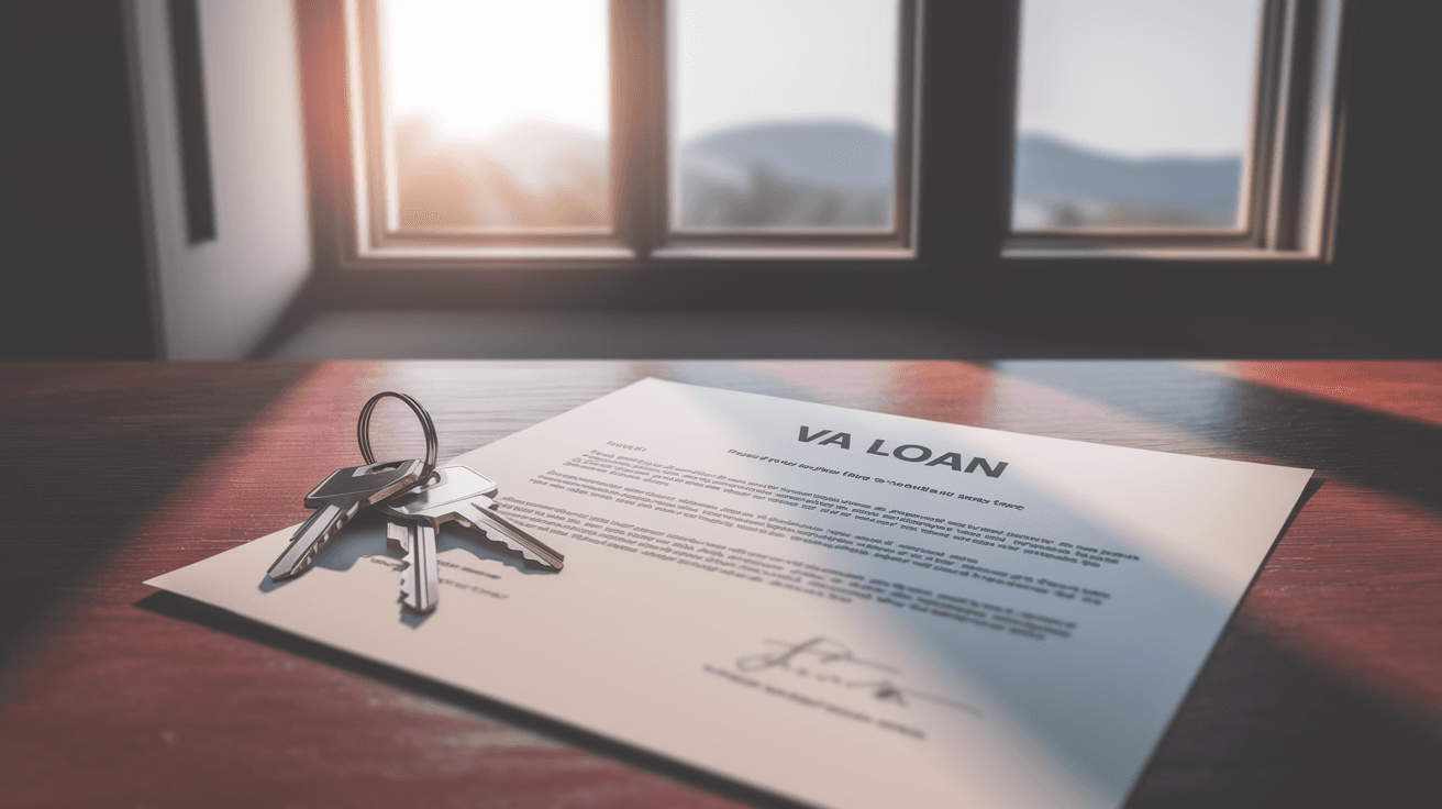 A VA loan pre-approval letter resting on a wooden table beside a set of house keys and a Sandia Mountains view through a sunlit window