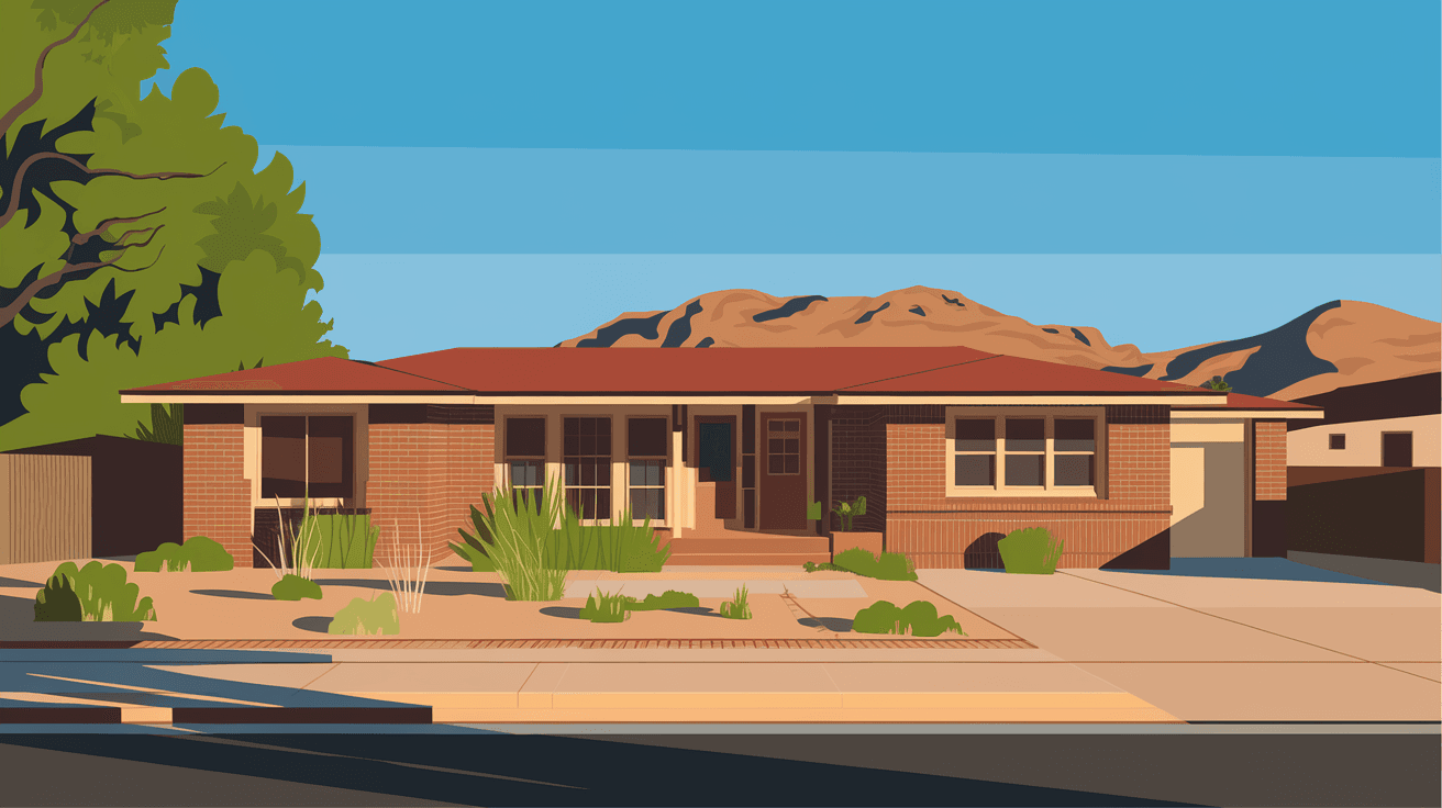 A well-maintained 1970s brick ranch home in Albuquerque's Northeast Heights neighborhood with the Sandia Mountains visible in the background under a clear blue sky