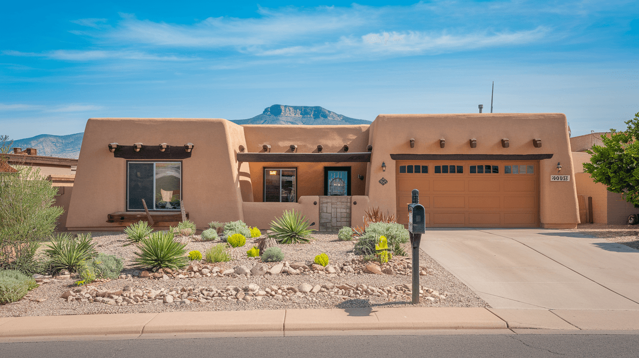 A well-maintained single-story adobe home on a tree-lined street in the Northeast Heights neighborhood of Albuquerque, with the Sandia Mountains visible in the background