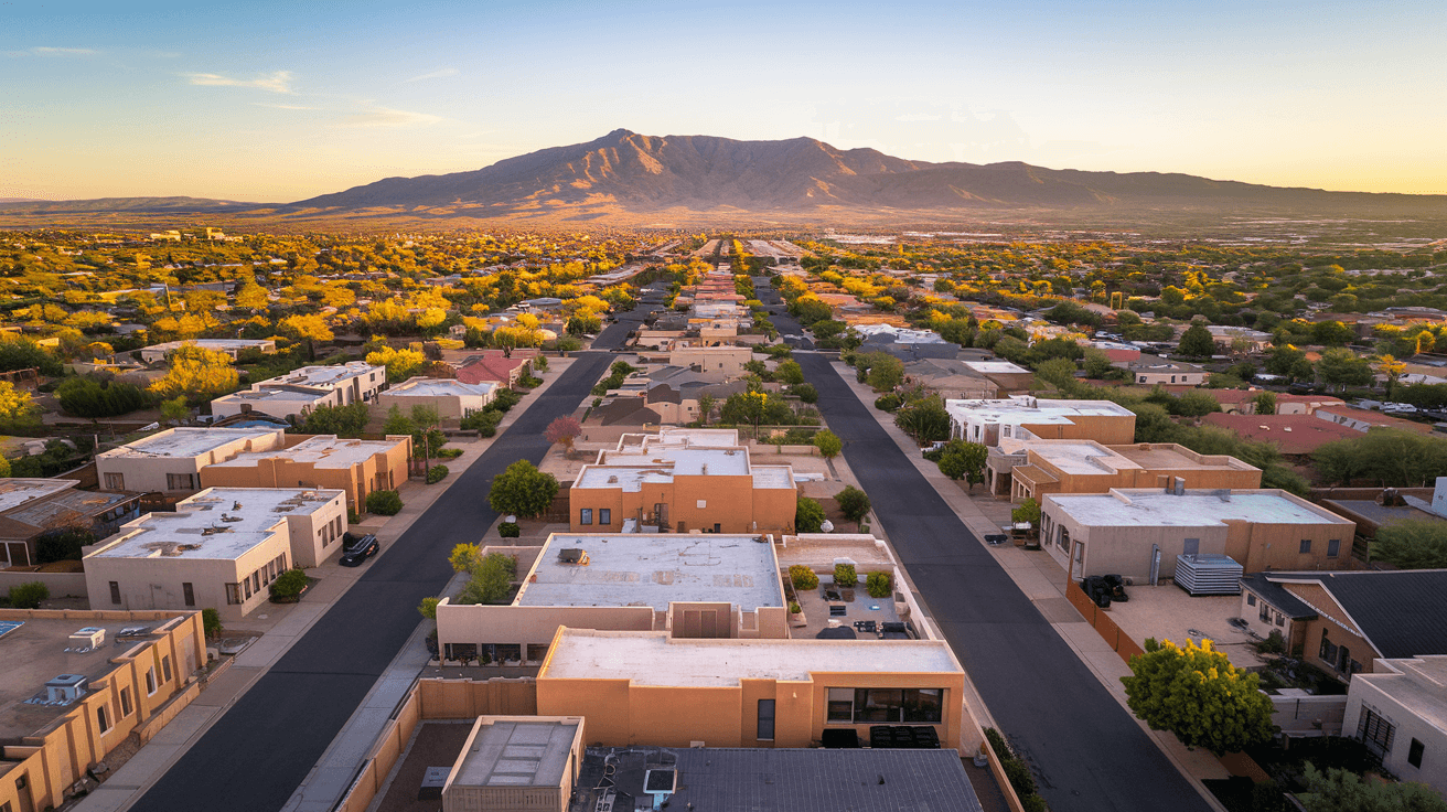 Aerial view of Albuquerque residential neighborhoods stretching toward the Sandia Mountains at golden hour, with the Rio Grande visible in the distance
